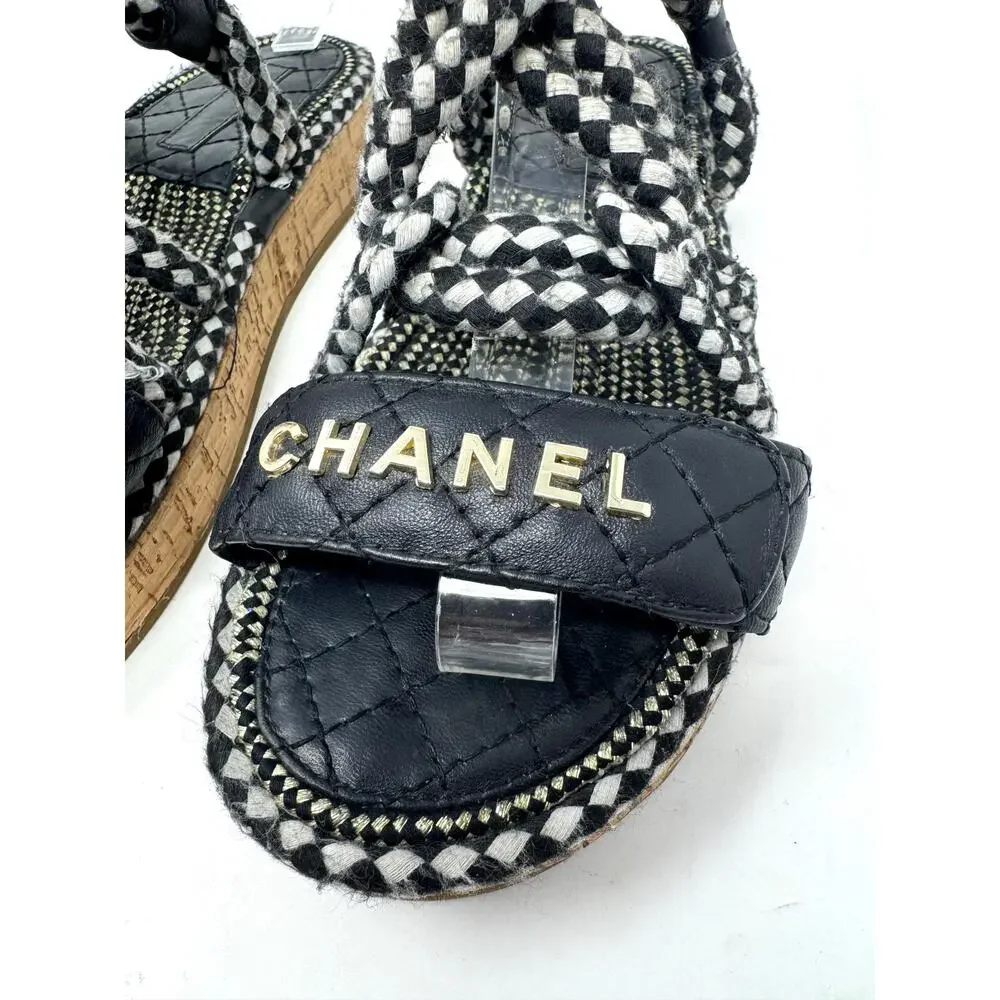 Chanel Cord Sandals Black White Quilted Lambskin Leather CC Logo Flats 6.5